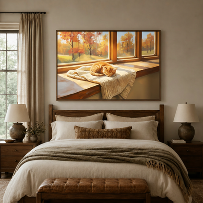 Cozy autumn cat napping on windowsill realistic canvas wall art in walnut float frame above bedroom headboard