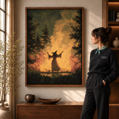 Framed canvas wall art showing a pointed-hat figure in a glowing forest clearing