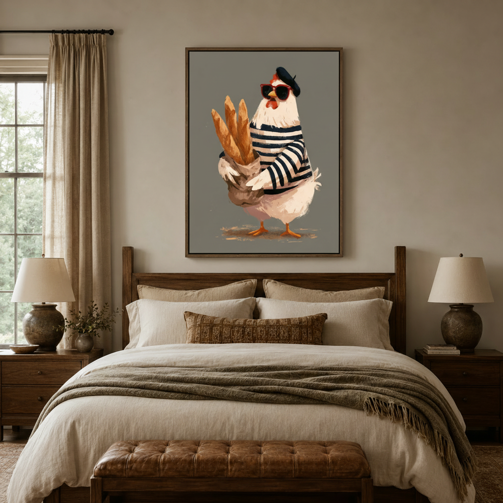  French chicken baguette whimsical illustration canvas wall art displayed above bed in cozy bedroom