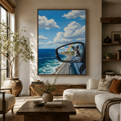 Border Collie road trip oil painting canvas in warm living room above console table