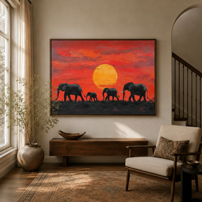 African elephant sunset canvas print in dark walnut float frame displayed in warm living room entryway