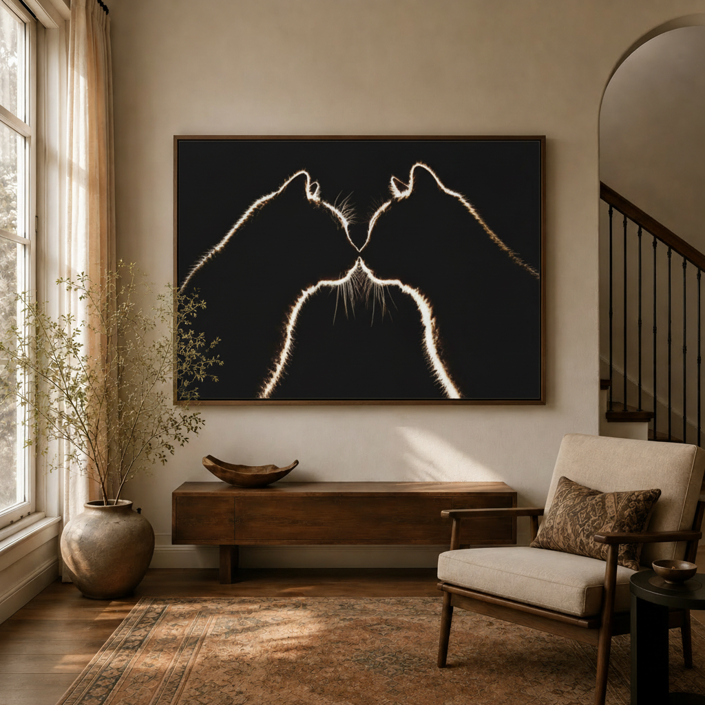 Black gold cat canvas art in dark walnut frame above wooden console in warm living room