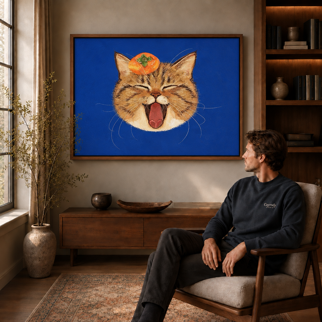Smiling tabby cat wall art in a wood frame above a console 