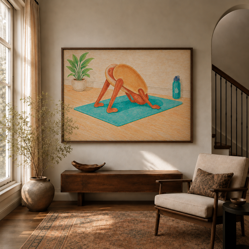 Whimsical hot dog yoga wall art in a dark walnut frame above a wooden console in a sunlit entryway.