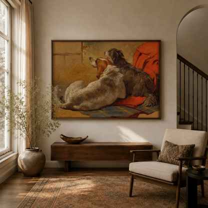 Victorian hunting dogs oil painting canvas displayed in warm living room entryway with armchair