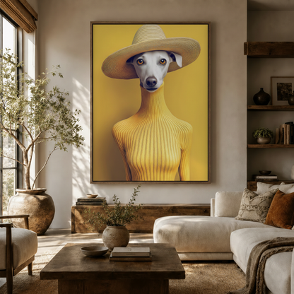 Surrealist greyhound dog portrait canvas wall art displayed in warm earthy living room