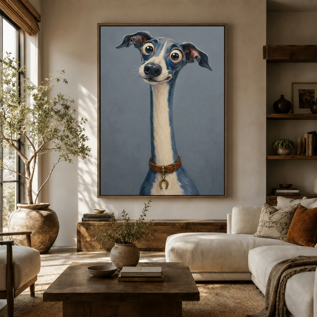 Whimsical Italian Greyhound portrait canvas wall art hanging above console in warm living room