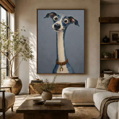 Whimsical Italian Greyhound portrait canvas wall art hanging above console in warm living room