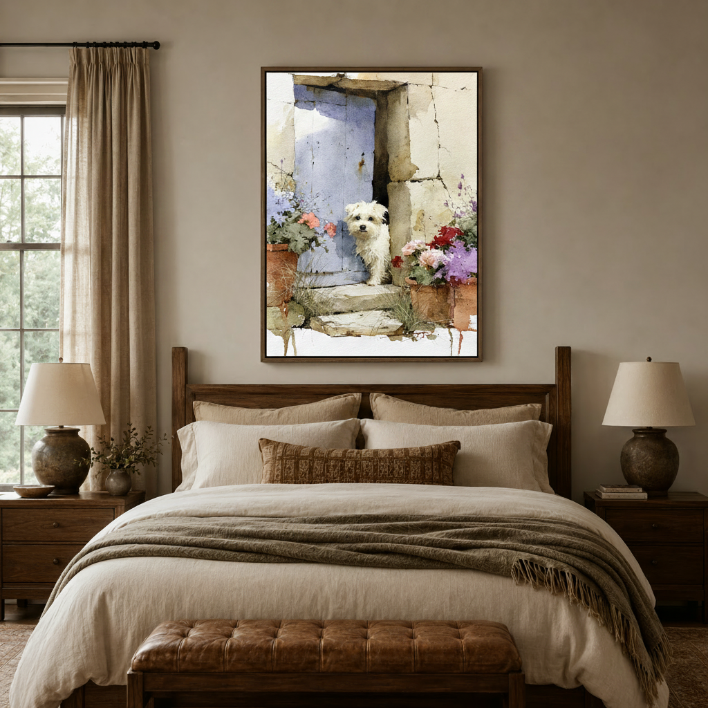 Watercolor white terrier dog lavender door floral canvas in dark walnut frame above cozy neutral bedroom