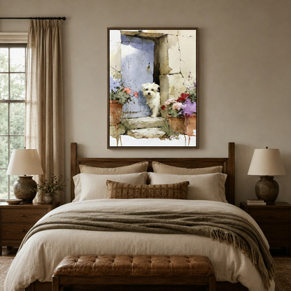 Watercolor white terrier dog lavender door floral canvas in dark walnut frame above cozy neutral bedroom