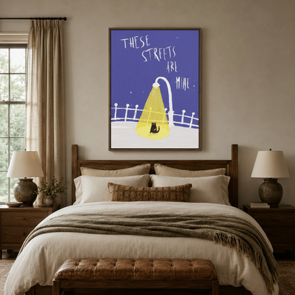 Bold black cat street lamp night pop art canvas in dark walnut float frame above cozy neutral bedroom