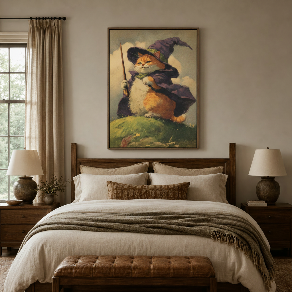 Vintage fantasy cat in wizard hat canvas wall art above wooden bed in cozy farmhouse bedroom