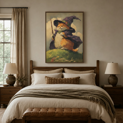 Vintage fantasy cat in wizard hat canvas wall art above wooden bed in cozy farmhouse bedroom