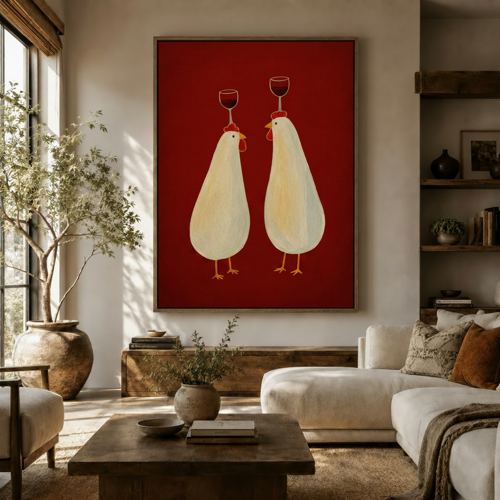 Funny chickens wine folk art wall art in dark walnut floating frame above console in warm Japandi living room
