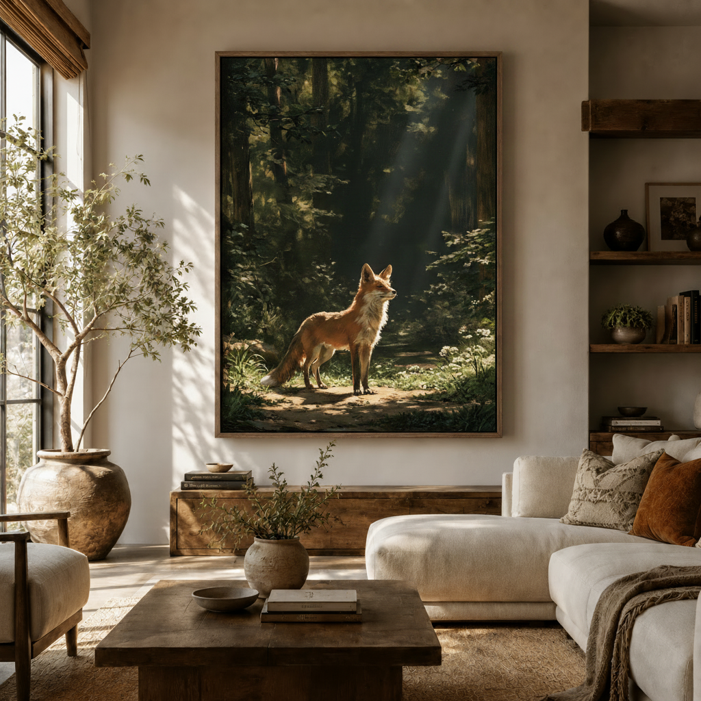 Large fox wildlife oil painting canvas on living room wall above white sofa with olive tree rustic wood shelves and warm afternoon light