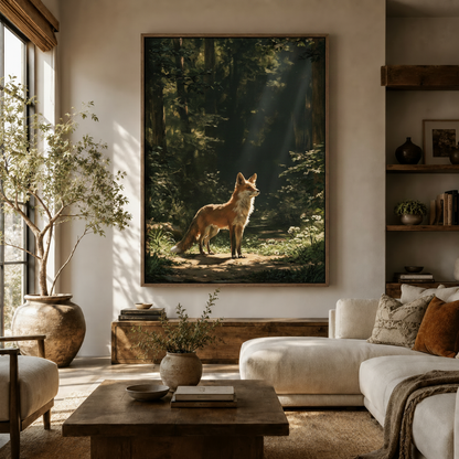 Large fox wildlife oil painting canvas on living room wall above white sofa with olive tree rustic wood shelves and warm afternoon light