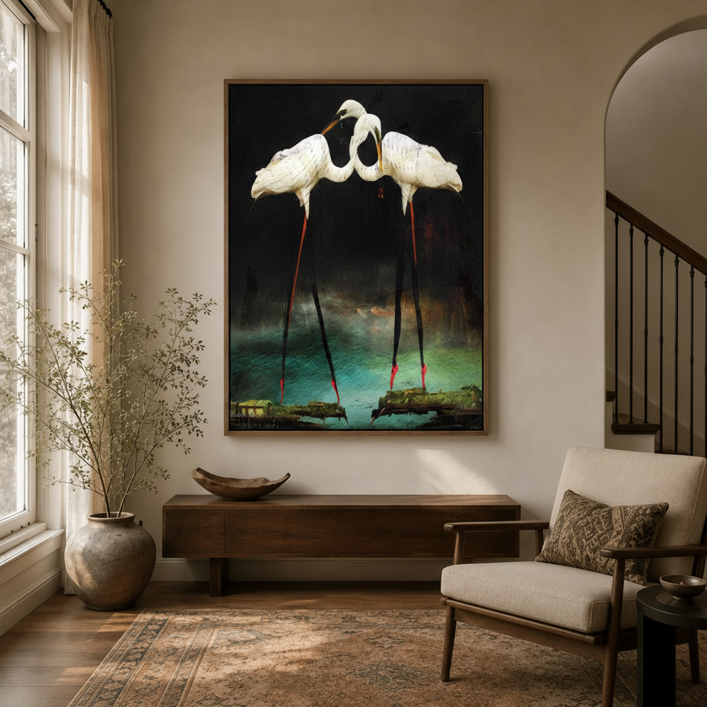 Dark surrealist egret canvas art in walnut frame above console in warm neutral entryway with arched staircase