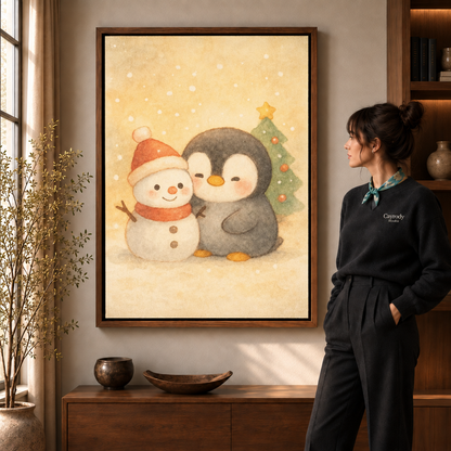 Penguin and snowman holiday canvas art in a walnut frame beside a woman wearing a scarf.