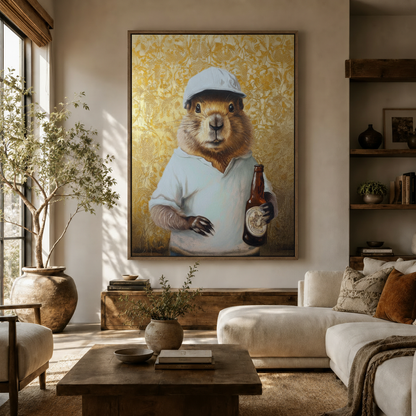 Capybara oil painting canvas print in natural wood frame above cream sofa in warm modern living room