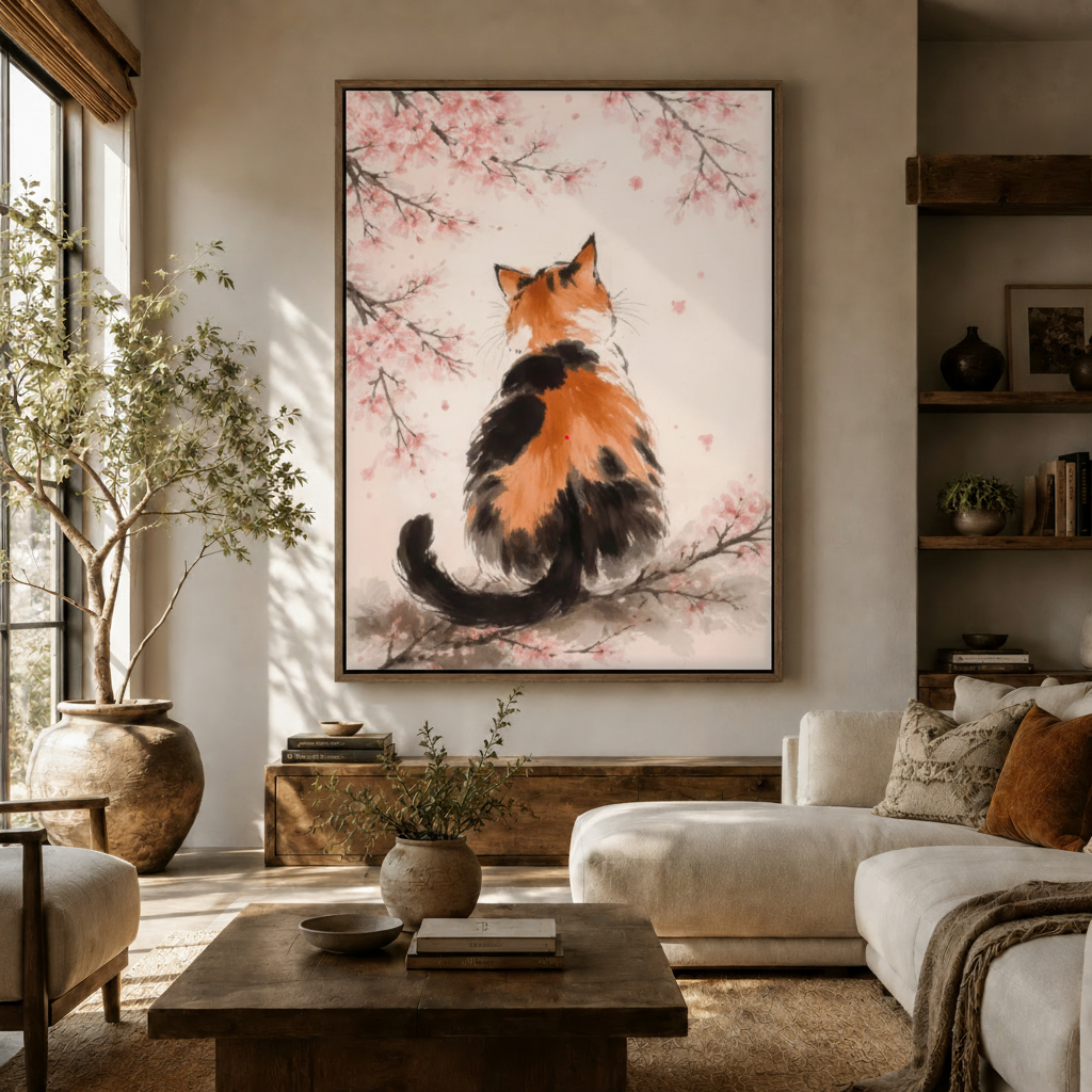 Japanese ink wash calico cat cherry blossom canvas art displayed in warm neutral living room