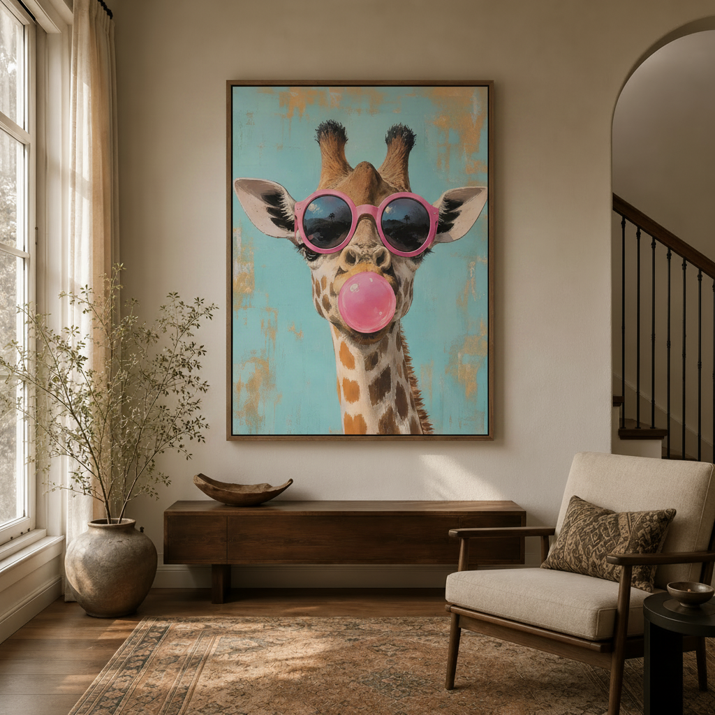 Giraffe pop art wall art print with pink sunglasses displayed in a warm entryway above a walnut console