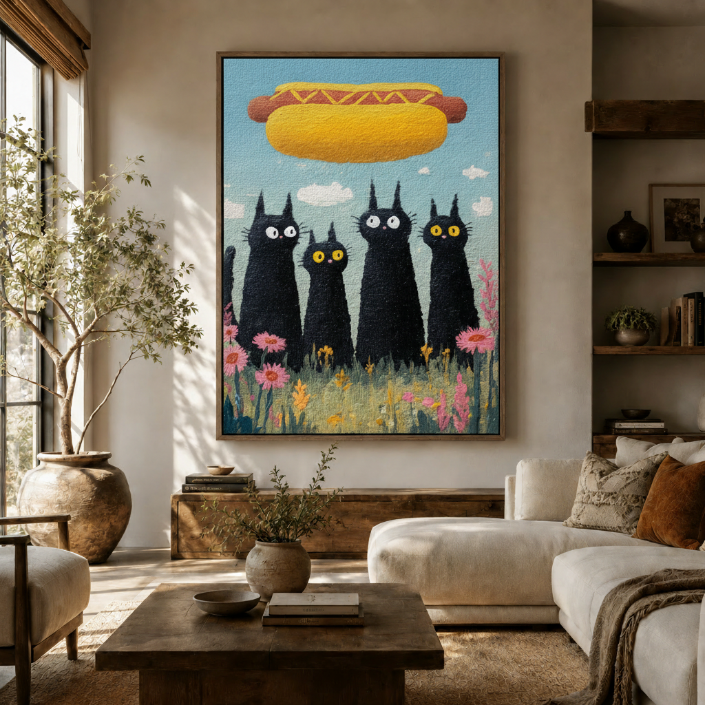 Whimsical black cat canvas art with flying hot dog displayed above living room sofa