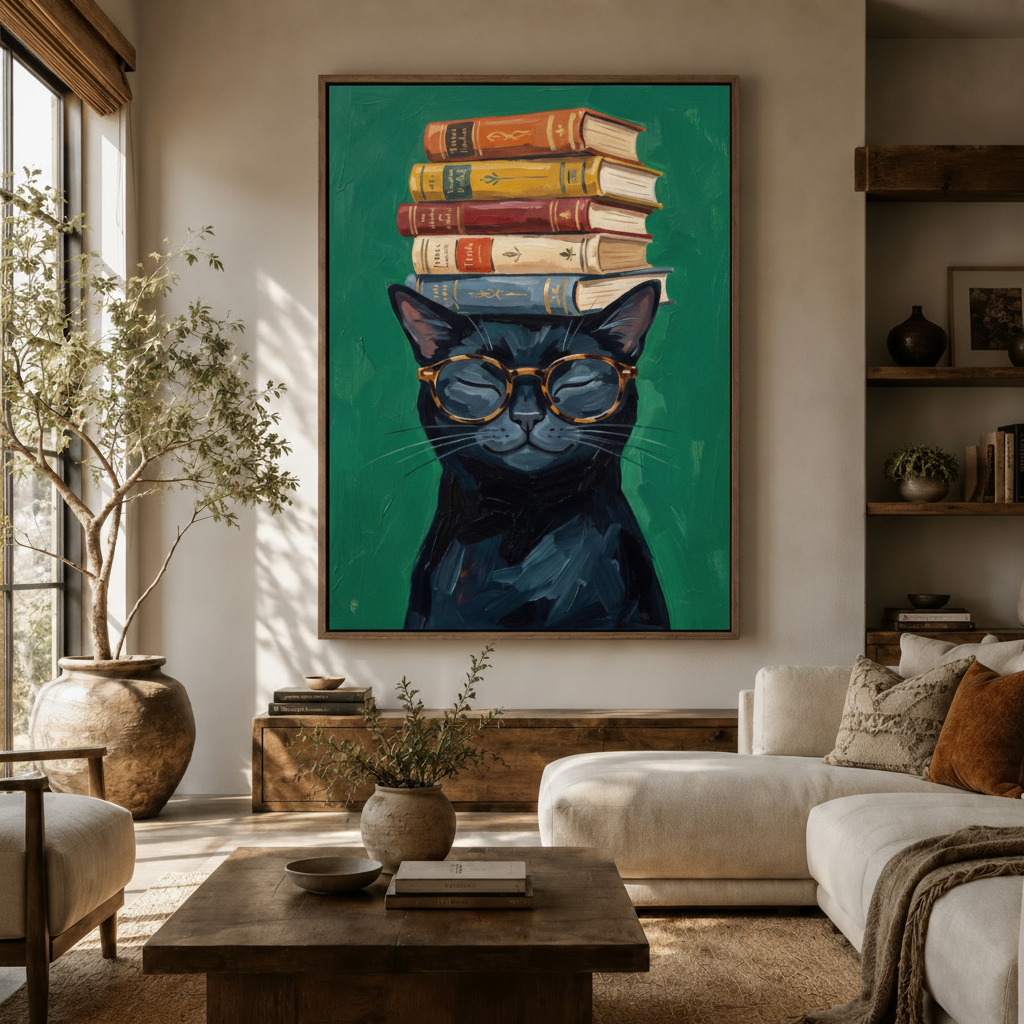 Funny black cat with stacked books and glasses canvas art above rustic console in warm living room
