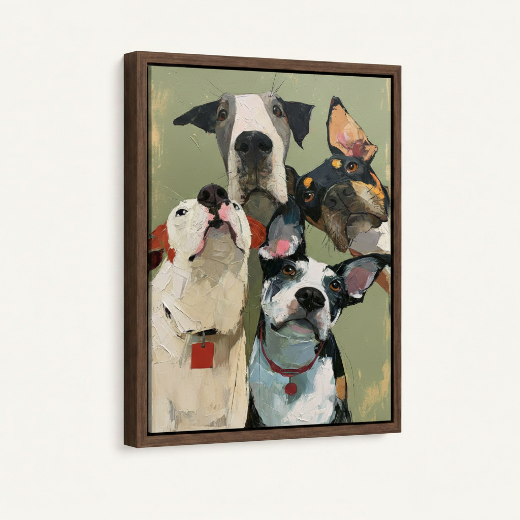 Framed canvas angled view showing four dogs crowding the frame in loose impasto style on sage green