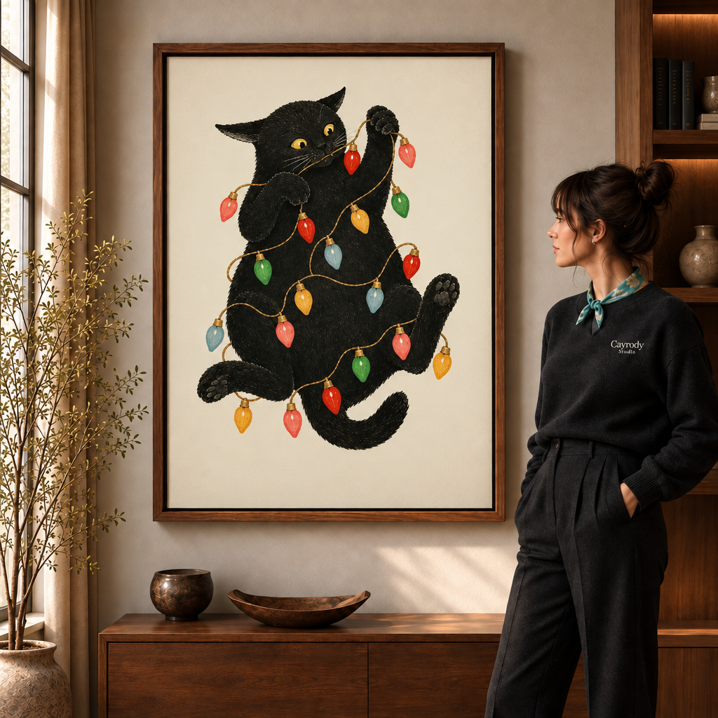Walnut-framed black cat Christmas lights wall art above a wooden sideboard beside a window and leafy branches.