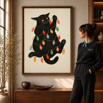 Walnut-framed black cat Christmas lights wall art above a wooden sideboard beside a window and leafy branches.