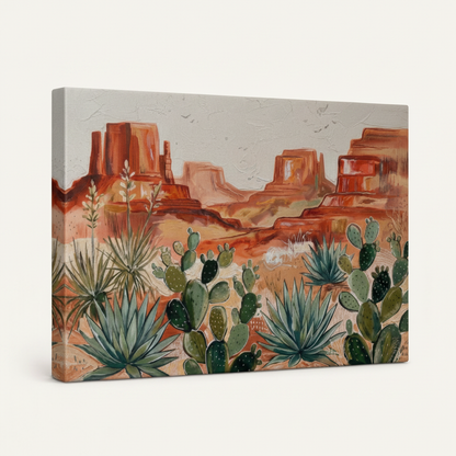 Gallery-wrapped southwest landscape canvas showing agave and red rock, white background product view