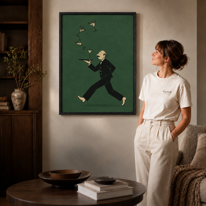 Martini waiter wall art in a black frame above a round coffee table and modern sofa