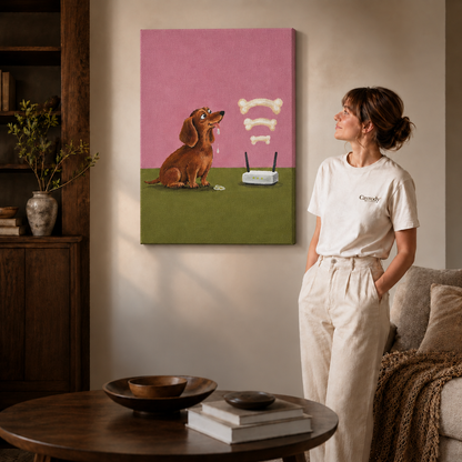 Woman in a white tee beside a gallery-wrapped dachshund canvas wall art in a bright minimalist living space.