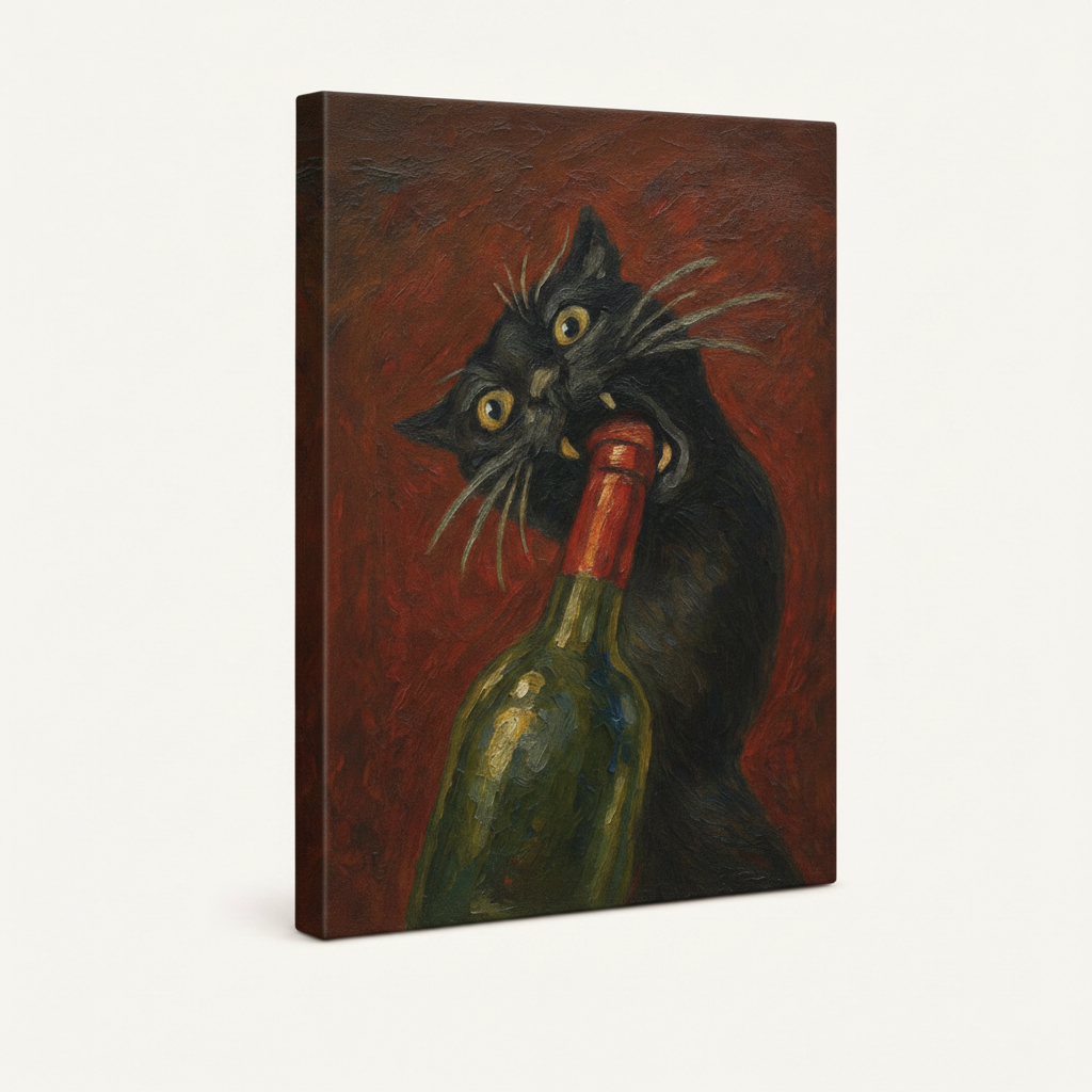 Gallery-wrapped canvas side view of impasto oil painting showing cat biting wine bottle neck