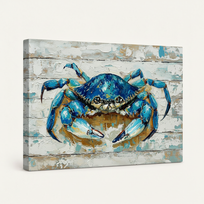 Gallery-wrapped blue crab coastal canvas wall art, side profile showing wrap depth on white background