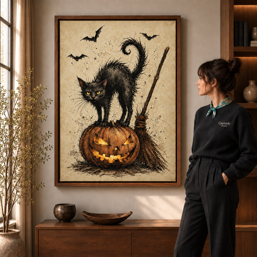 Halloween black cat canvas wall art in a wooden frame beside a woman near a window.