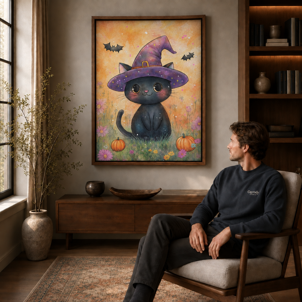 Man relaxing in an armchair next to a walnut framed witch cat Halloween canvas with pumpkins and bats