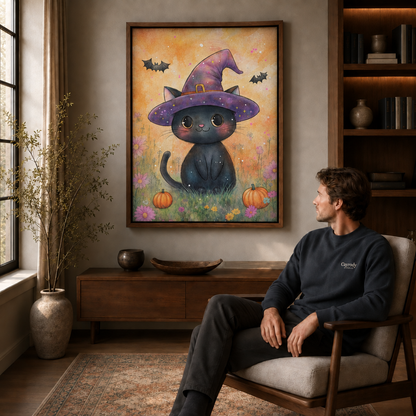 Man relaxing in an armchair next to a walnut framed witch cat Halloween canvas with pumpkins and bats