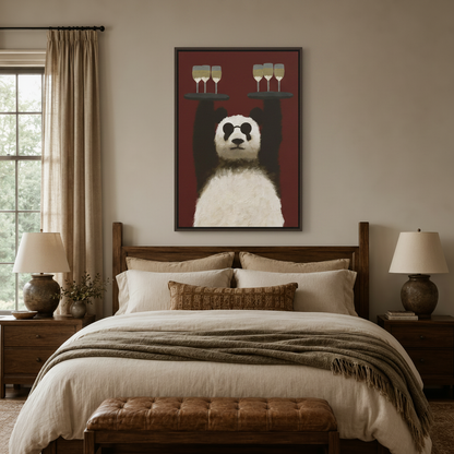 Whimsical panda with sunglasses framed canvas art above dark walnut bed in cozy bedroom