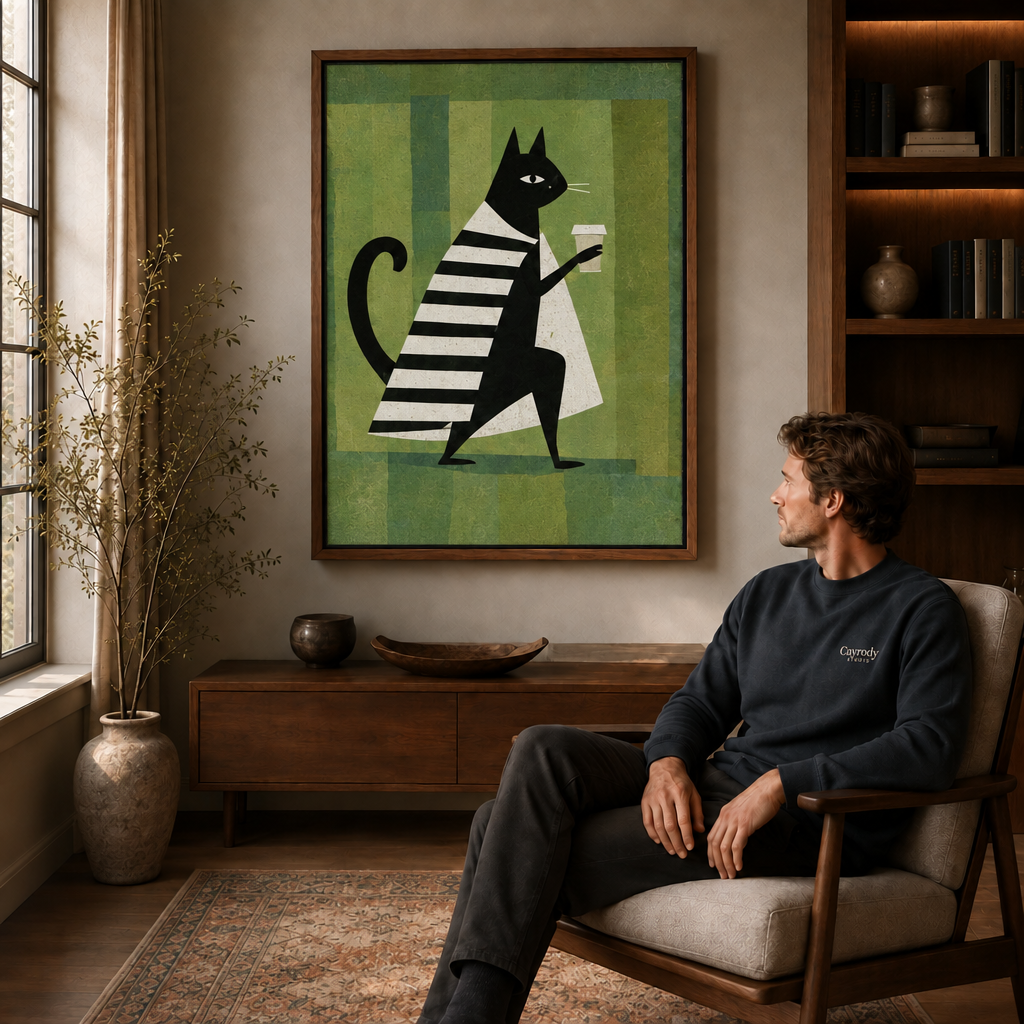 Walnut framed striped black cat wall art styled above a wooden living room console