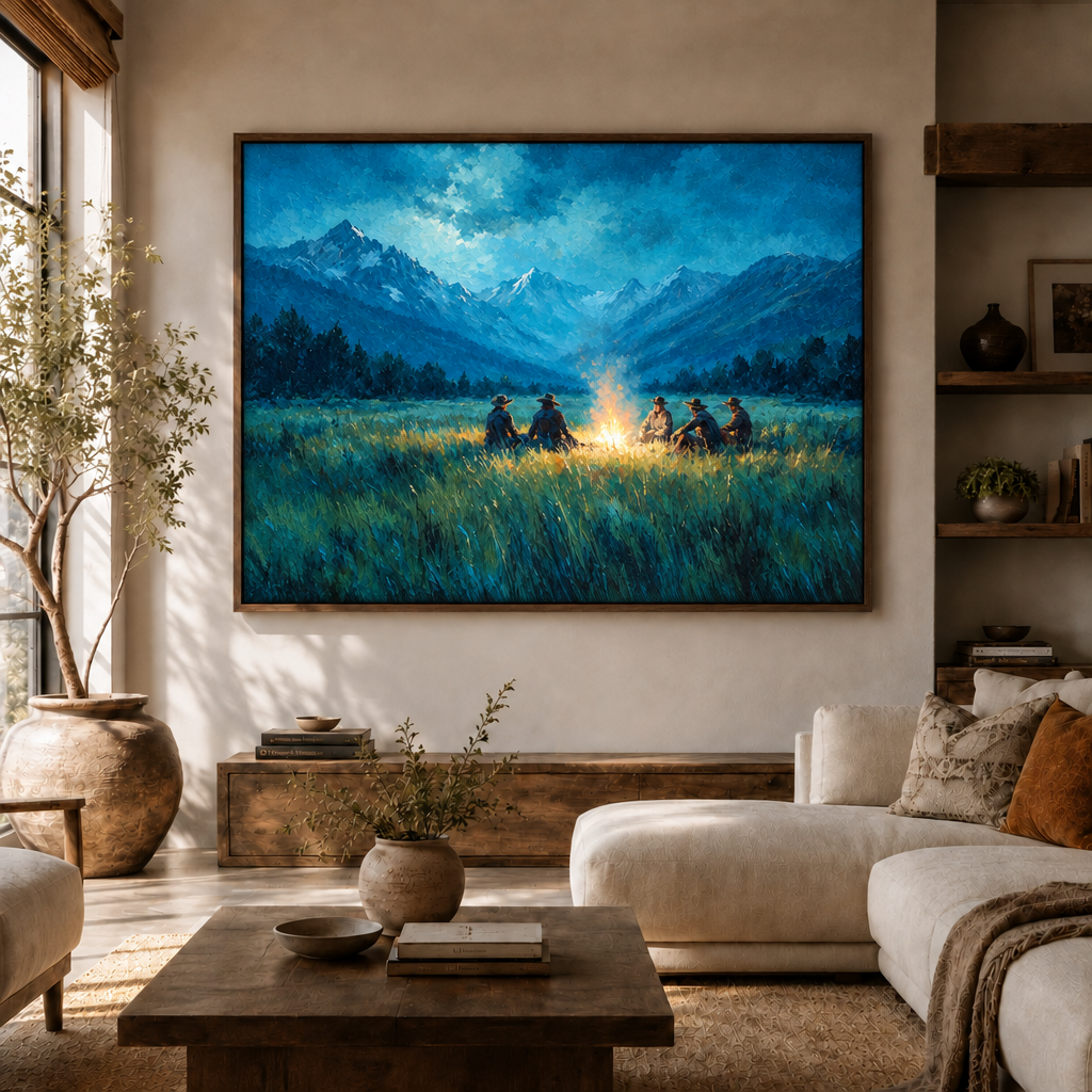 Moody mountain campfire artwork above a cream sectional sofa in a sunlit modern living room