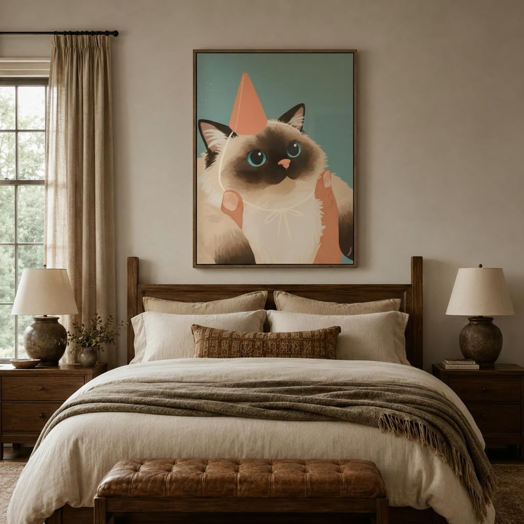 Whimsical Himalayan cat canvas print in a dark wood float frame above a cozy neutral bedroom bed