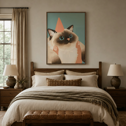 Whimsical Himalayan cat canvas print in a dark wood float frame above a cozy neutral bedroom bed