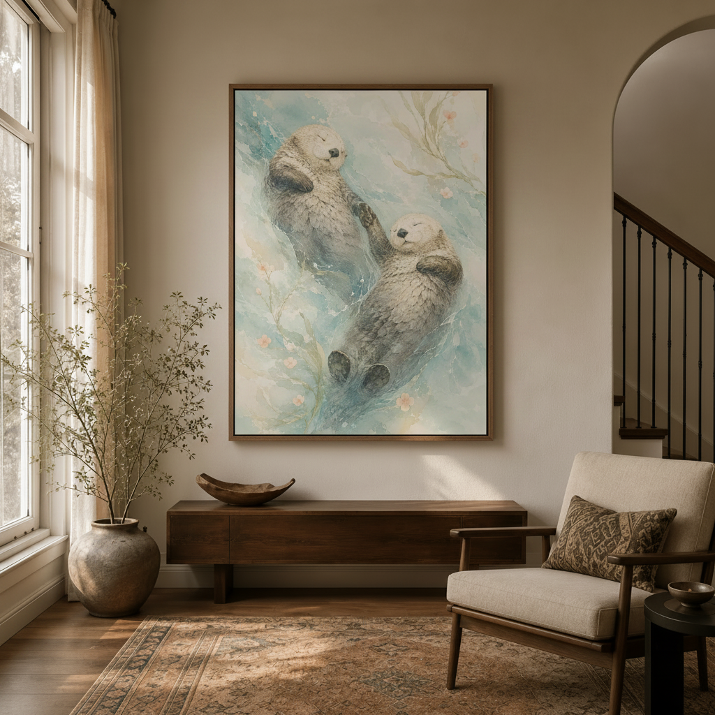 Watercolor sea otter canvas wall art displayed in a warm neutral living room above a wooden console