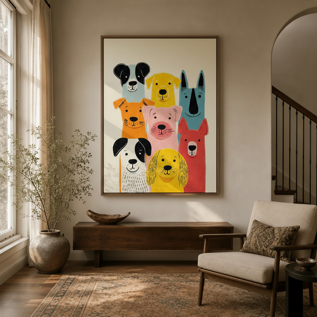 Colorful whimsical dog squad canvas print displayed in a warm modern entryway with wood console
