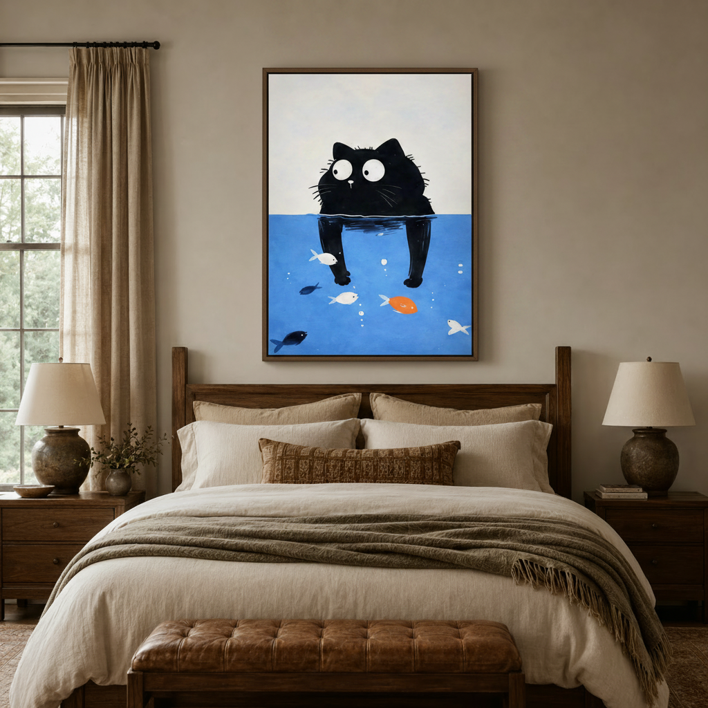 Seven cartoon dogs framed canvas above wooden bed in cozy farmhouse-style bedroom