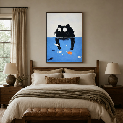 Seven cartoon dogs framed canvas above wooden bed in cozy farmhouse-style bedroom