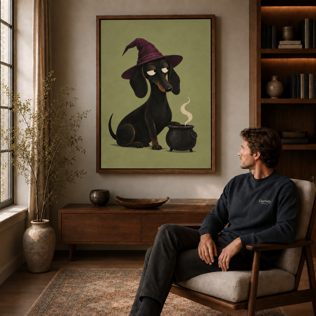 Man seated in an armchair gazing at framed witch dachshund canvas wall art above a wooden sideboard.