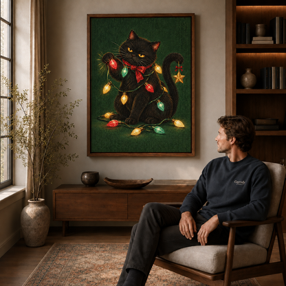Man seated in an armchair gazing at framed black cat Christmas canvas wall art above a wooden sideboard.