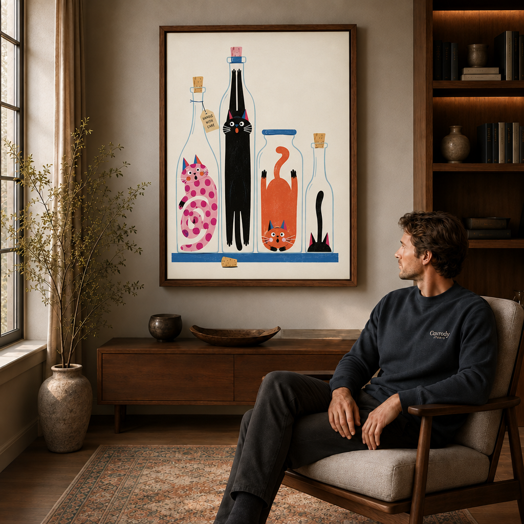 Framed cats in bottles canvas wall art above a wooden sideboard in a cozy living room.